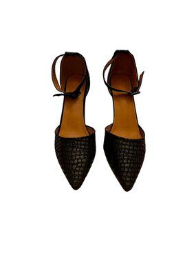 Black Y2K Croc-Embossed Modern Chic Pointed-Toe Retro Heels W/Ankle Strap Sz 41